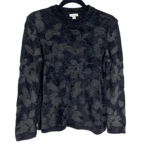 J. Jill Textured Leaf Pattern Crewneck Sweater Black Soft Women Small‎